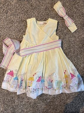 Savannah Pale Yellow Town-Print Dress with Striped Sash & Headband Set